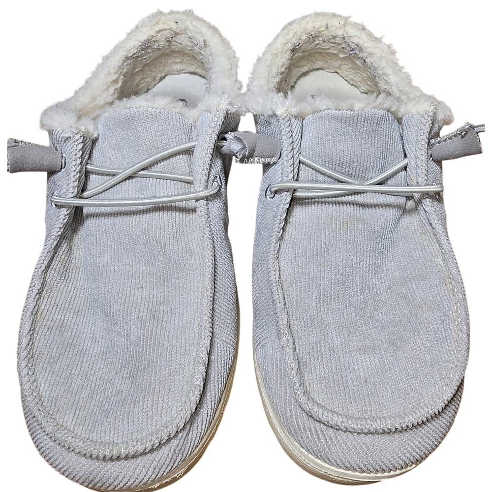 Hey Dude Corduroy Wendy Women's Size 6 Gray Fur Lined Comfort Shoe Elastic Laces - Picture 2 of 7
